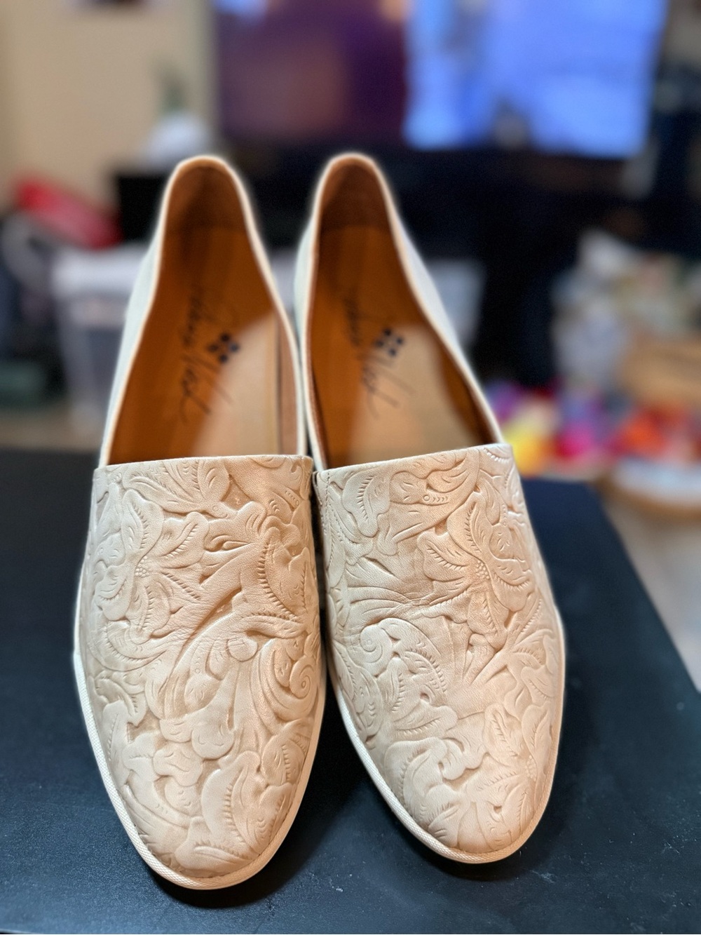 Patricia Nash Cream Embossed Floral Leather Slip-Ons